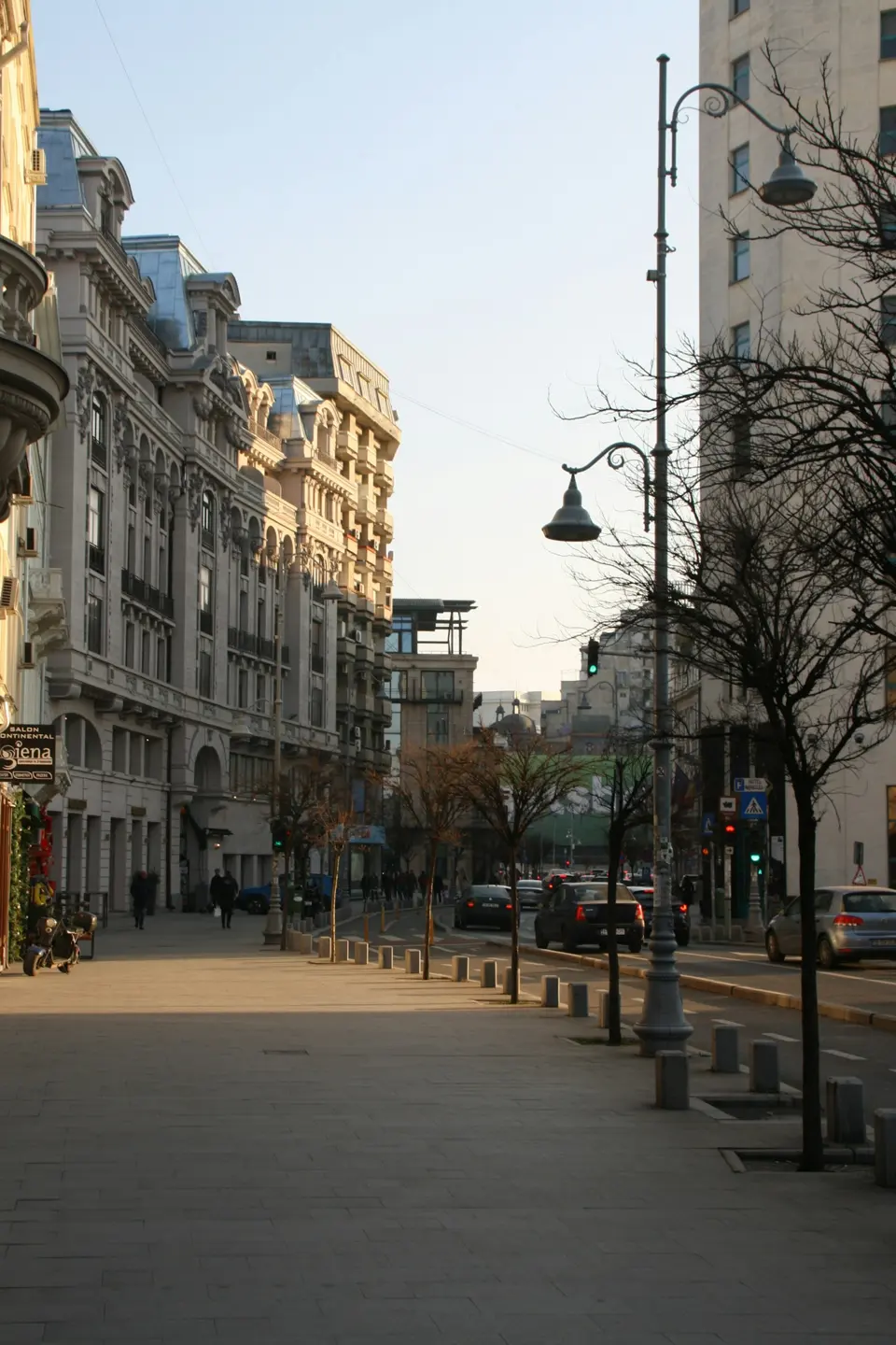 Stradă urbană cu clădiri și arbori